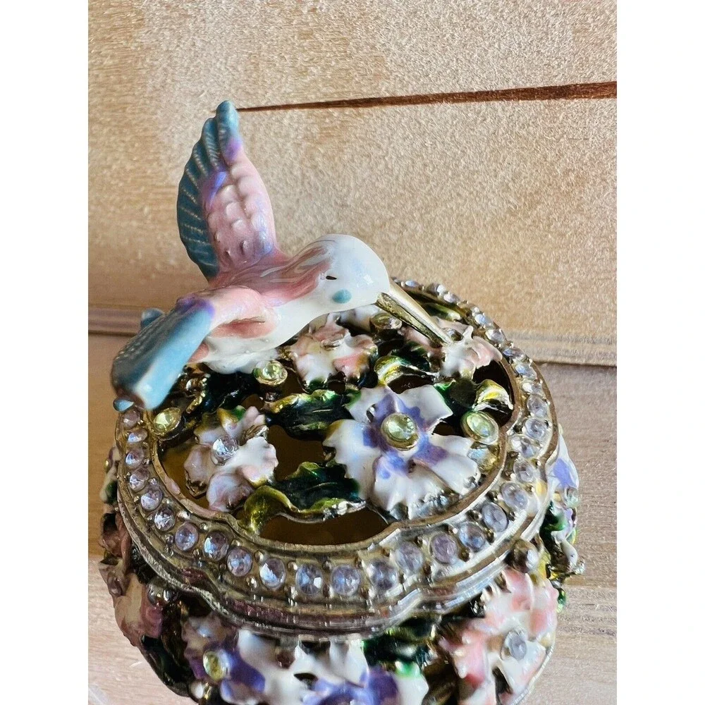 Ornate Hummingbird Trinket Box Small Metal Acrylic Pill Ring Holder  Rhinestone